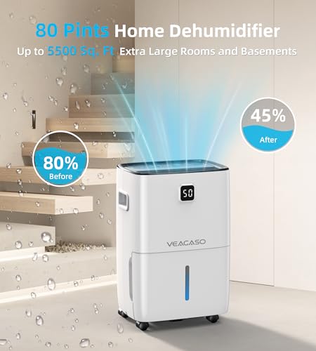 5500 Sq. Ft Dehumidifier for Basement with Drain Hose, VEAGASO 80 Pints Dehumidifiers for Home Large Room Bathroom with Water Tank, Intelligent Humidity Control, Auto Defrost, 24H Timer, Child Lock