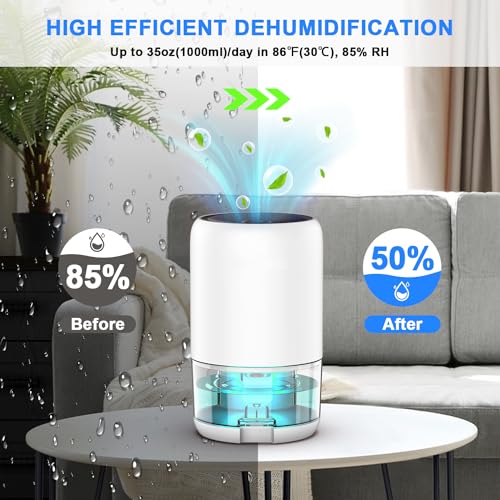 PLUSCENT Dehumidifiers for Home Bathroom Bedroom, 35OZ Dehumidifier for Small Room 280 sq.ft with Auto Shut Off, 2 Modes and 7 Colors LED Light Mini Dehumidifiers for Closet Desktop Office RV