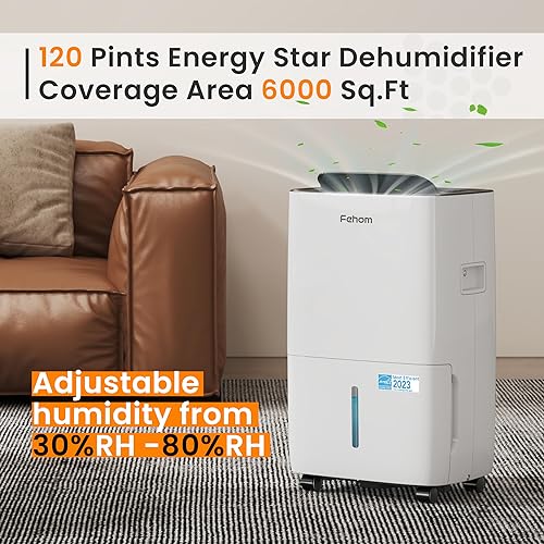 Fehom 120 Pints Dehumidifier Most Efficient Energy Star - 6,000 Sq. Ft. Dehumidifier for Basement with Drain Hose and 1.06 Gal Water Tank, Smart Dehumidifiers for Home, Large Rooms(JD025L-120)