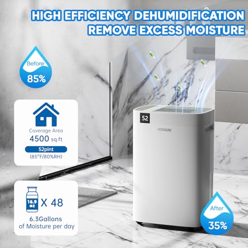 VOVGUU 4500 Sq.Ft 52 Pints Dehumidifier for Basement and Home with Drain Hose & Water Tank, 3 Smart Modes, Humidity Control, Auto Defrost, 24H Timer- 2024 Energy Star Dehumidifer for Large Room
