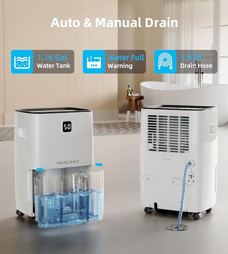 5500 Sq. Ft Dehumidifier for Basement with Drain Hose, VEAGASO 80 Pints Dehumidifiers for Home Large Room Bathroom with Water Tank, Intelligent Humidity Control, Auto Defrost, 24H Timer, Child Lock