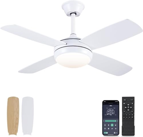 Asyko 42" Ceiling Fans with Lights, White Modern Ceiling Fan with Remote and APP Control, 6 Speed and Memory Function, Low Profile Ceiling Fan Light for Bedroom, Living Room, Dinning Room…