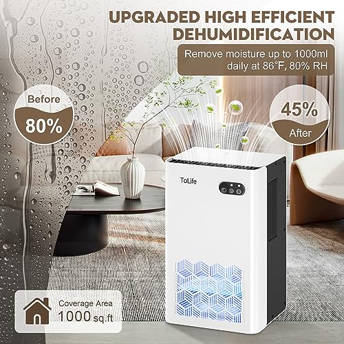 Dehumidifier, ToLife Dehumidifiers for Bedroom, 95 OZ Water Tank, (950 sq.ft) Quiet Small Dehumidifiers for Basement Home Bathroom with Auto Shut Off, 7 Colors LED Light, White