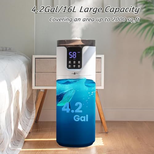 LACIDOLL Humidifiers for Home Large Room Wholehouse Humidifier 2000 sq. ft 4.2 Gal 16L Floor Humidifier 360° Nozzles Cool Mist Ultrasonic Humidifier Output Top Fill Tower Humidifier for Home Office