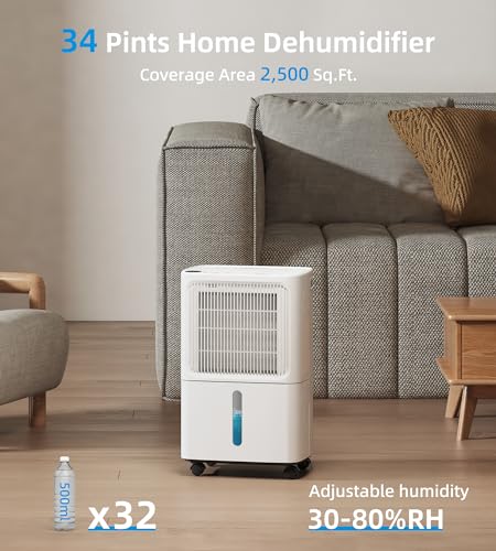 VEAGASO 2500 Sq. Ft Dehumidifier for Basement, 34 Pint Dehumidifiers For Home, Large Room, Auto Drain or Manual Drainage, Digital Control Panel, Auto Defrost, 24H Timer, Child Lock