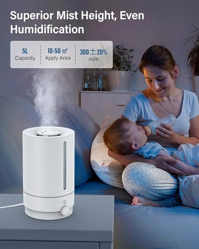 Marnetstone Humidifiers for Bedroom, 5L Top Fill Cool Mist Humidifiers with Oil Diffuser, Ultrasonic Humidifiers for Large Room, Home, Nursery, Office, Plants, 360° Nozzle
