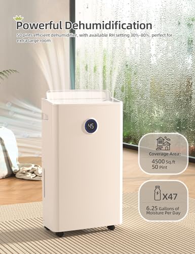 4500 Sq. Ft Dehumidifier for Basement, 50 Pints Large Dehumidifiers for Home with drain hose and 5L Water Tank, Powerful Moisture Removal for Whole House, Large Room, and Intelligent Humidity Control