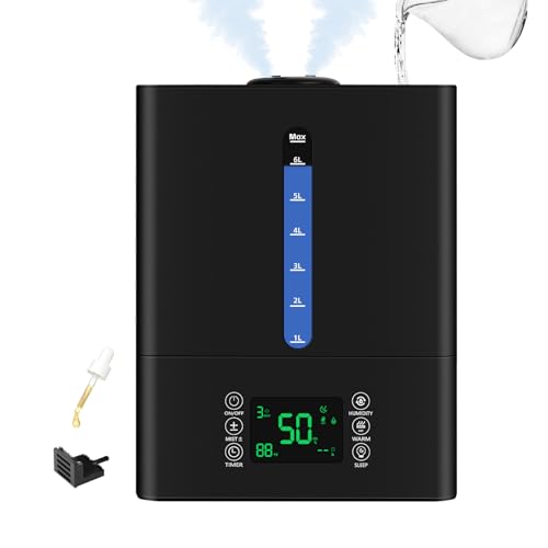 6.5L Humidifiers for Bedroom and Home, Cool and Warm Mist Humidifiers for Home & Plants, Mist Top Fill Desk Humidifiers Essential Oil Diffuser with Adjustable Mist,360°Nozzle，Auto Shut-Off,black