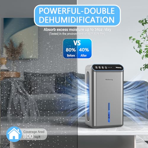 Dehumidifier for Home, 85 OZ Water Tank, (800 sq.ft.) Small Dehumidifier with Drain Hose for Bathroom Bedroom with Auto Shut Off, Timer, 7 Colors LED (Sliver Grey)