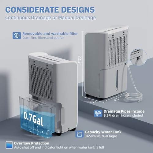 AIRPLUS 4,500 Sq.Ft 70 Pint Dehumidifier for Basements and Home-with Drain Hose,Efficient,Energy-with Dual Protection and 4 Smart Modes,24H Timer,Defrost,for Large room