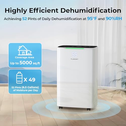 5000 Sq.ft Dehumidifier for Basement, PLUSCENT 52 Pints Quiet Dehumidifiers with Drain Hose for Home Large Room Bedroom, Smart Humidity Control & Monitor, 4 Operation Modes, 24H Timer, Auto Defrost