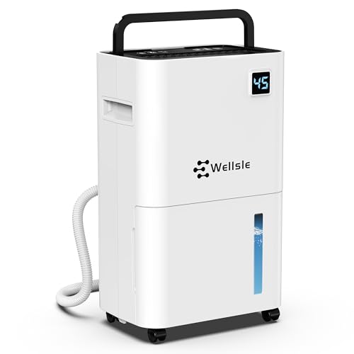 Wellsle 50 Pint Dehumidifier for Bedroom & Basement with Smart Humidity Control, 24HR Timer, Home Dehumidifier with Drain Hose for Continuous Drainage - Quiet Dehumidifier with 3 Working Modes