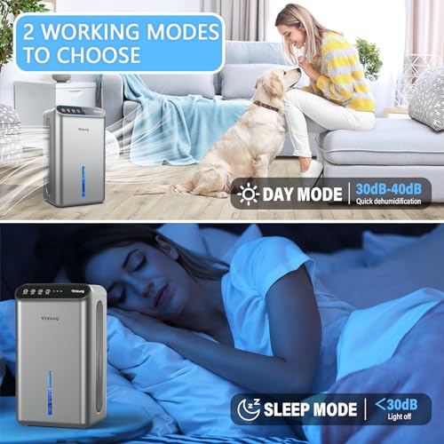 Dehumidifier for Home, 85 OZ Water Tank, (800 sq.ft.) Small Dehumidifier with Drain Hose for Bathroom Bedroom with Auto Shut Off, Timer, 7 Colors LED (Sliver Grey)