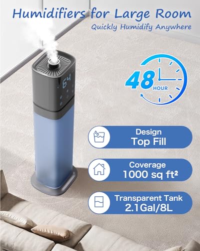 AILINKE Humidifiers for Bedroom, 2.1Gal/8L Top Fill Humidifier Large Room Home, Room Ultrasonic Cool Mist Humidifier for Baby Home Adults Plants, Essential Oil Diffuser, Extended Tube
