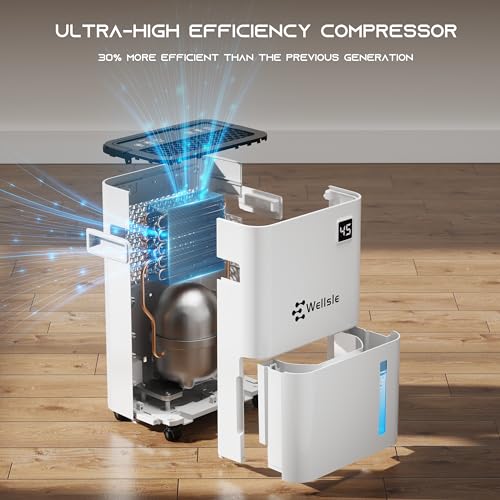 Wellsle 50 Pint Dehumidifier for Bedroom & Basement with Smart Humidity Control, 24HR Timer, Home Dehumidifier with Drain Hose for Continuous Drainage - Quiet Dehumidifier with 3 Working Modes