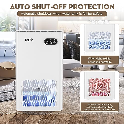 Dehumidifier, ToLife Dehumidifiers for Bedroom, 95 OZ Water Tank, (950 sq.ft) Quiet Small Dehumidifiers for Basement Home Bathroom with Auto Shut Off, 7 Colors LED Light, White