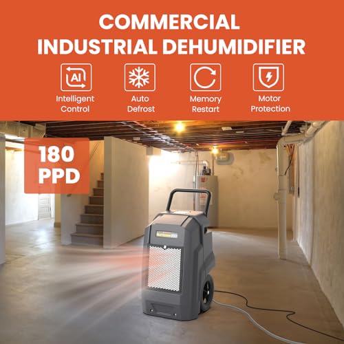 Abestorm 180 Pints Commercial Dehumidifier with Smart WiFi Industrial Dehumidifier Pump Drain Hose, for Basements, Garages, Job Sites, Gray