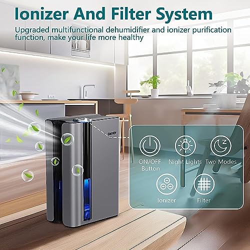 SIMSEN 95oz Dehumidifiers for Home, 800 sq ft Quiet Dehumidifier with Reusable Filter and Ionizer, Small Dehumidifier with Drain Hose, Dehumidifiers for Bedroom Bathroom Basements Closet RV