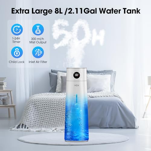 VCK 8L AI Smart Humidifier for Bedroom,Top Fill Cold Mist Humidifiers with 10 Adjustable Mist Levels, 50H Runtime, Auto Mode, 24H Timer, Whisper-Quiet Ultrasonic Humidifiers for Home Large Room Plant