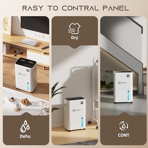 Wellsle 50 Pint Dehumidifier for Bedroom & Basement with Smart Humidity Control, 24HR Timer, Home Dehumidifier with Drain Hose for Continuous Drainage - Quiet Dehumidifier with 3 Working Modes