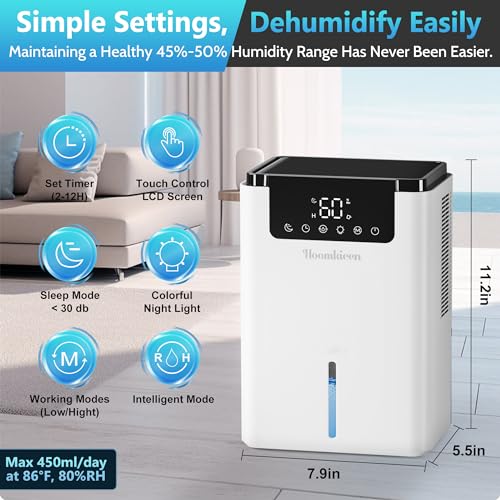 Dehumidifier for Bedroom, 68 oz 500Sq.ft Dehumidifiers with Touch Control LCD Screen Timer Auto-Off, Automatic Defrost, Portable Small Dehumidifier for Home, Bathroom, RV, Basement