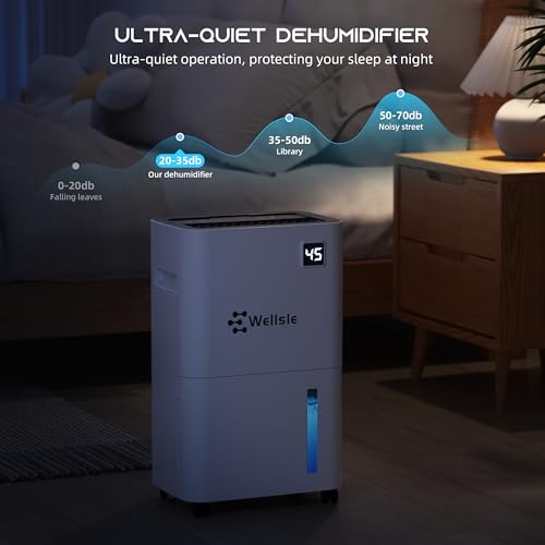 Wellsle 50 Pint Dehumidifier for Bedroom & Basement with Smart Humidity Control, 24HR Timer, Home Dehumidifier with Drain Hose for Continuous Drainage - Quiet Dehumidifier with 3 Working Modes