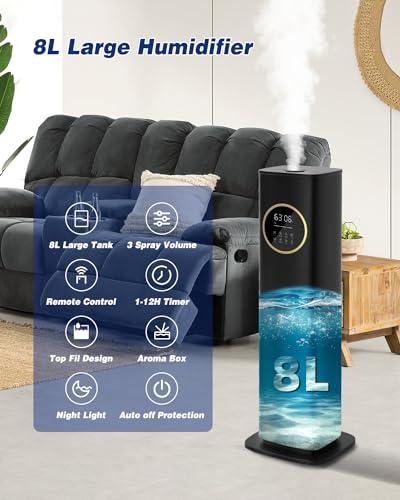Humidifier Large Room Bedroom with Night Light, 2.1Gal(8L) Humidifiers for Home with Essential Oil Diffuser, Top Fill Whole House Cool Mist Humidifiers for Plants Baby Kids Adults(Black)