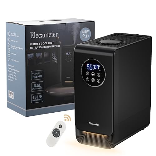 Warm and Cool Mist Humidifier New 2.0 Elecameier 6.5L Top Fill Humidifier for Bedroom Large Room With LED Light and Remove Control, Smart Humidifier for Plant with Humidity Control and Easy to Clean