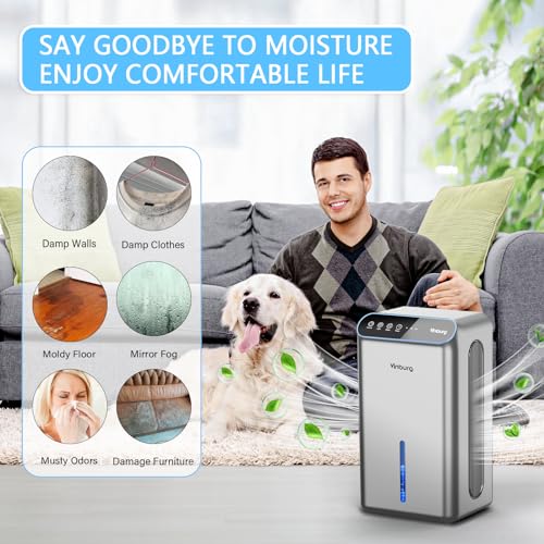Dehumidifier for Home, 85 OZ Water Tank, (800 sq.ft.) Small Dehumidifier with Drain Hose for Bathroom Bedroom with Auto Shut Off, Timer, 7 Colors LED (Sliver Grey)