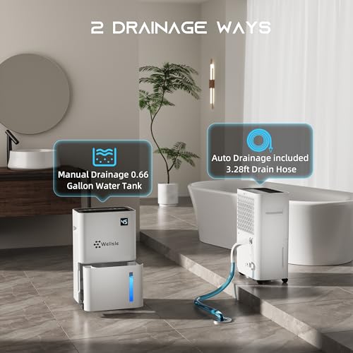 Wellsle 50 Pint Dehumidifier for Bedroom & Basement with Smart Humidity Control, 24HR Timer, Home Dehumidifier with Drain Hose for Continuous Drainage - Quiet Dehumidifier with 3 Working Modes