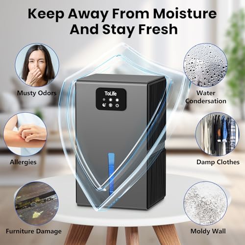 ToLife Dehumidifier, Dehumidifiers for Bedroom, 95OZ Water Tank 950 sq.ft Dehumidifier for Home Bathroom Basement, Auto Shut Off, Sleep Mode, 7 Colors Lights, Gray
