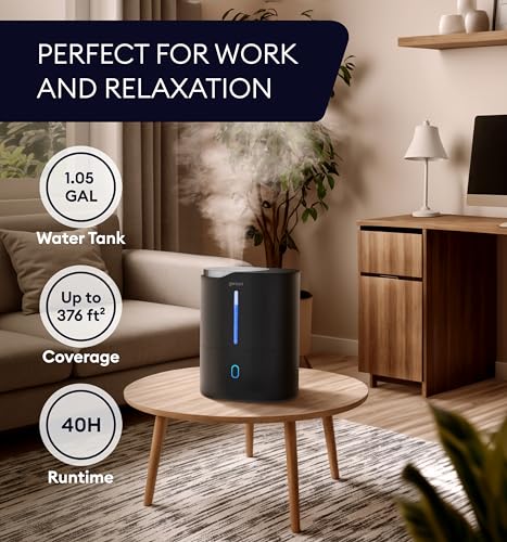 GENIANI Ultrasonic Cool Mist Humidifier for Bedroom, Large Rooms, Home, 4L - Easy Fill & Clean Humidifier for Plants w/Auto Shut-off, 40H Runtime - Quiet, Top Fill Air Humidifier & Vaporizer for Baby