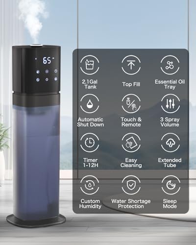 AILINKE Humidifiers for Bedroom, 2.1Gal/8L Top Fill Humidifier Large Room Home, Room Ultrasonic Cool Mist Humidifier for Baby Home Adults Plants, Essential Oil Diffuser, Extended Tube