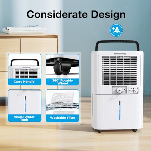 5000 Sq.ft Dehumidifier for Basement, PLUSCENT 52 Pints Quiet Dehumidifiers with Drain Hose for Home Large Room Bedroom, Smart Humidity Control & Monitor, 4 Operation Modes, 24H Timer, Auto Defrost
