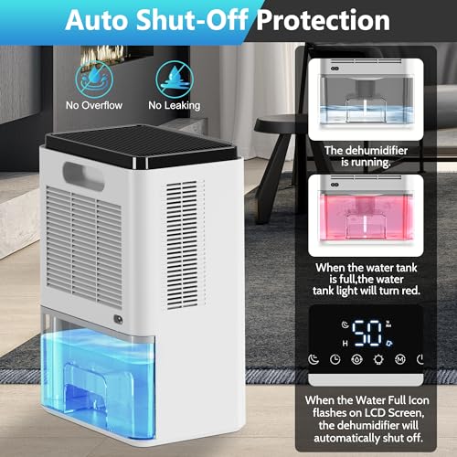 Dehumidifier for Bedroom, 68 oz 500Sq.ft Dehumidifiers with Touch Control LCD Screen Timer Auto-Off, Automatic Defrost, Portable Small Dehumidifier for Home, Bathroom, RV, Basement