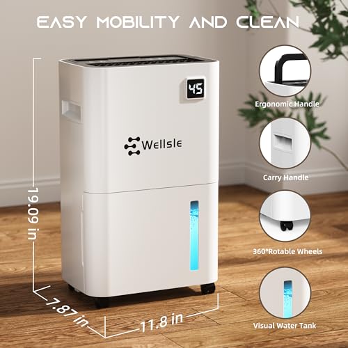 Wellsle 50 Pint Dehumidifier for Bedroom & Basement with Smart Humidity Control, 24HR Timer, Home Dehumidifier with Drain Hose for Continuous Drainage - Quiet Dehumidifier with 3 Working Modes