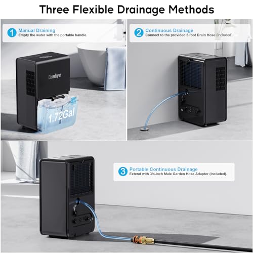 Gasbye 4500 Sq. Ft. Energy Star Dehumidifier for Basement with Drain Hose, Max 115 Pints/Day Dehumidifier for Large Room, Powerful Humidity Control, Easy Drainage, Auto-restart, Black