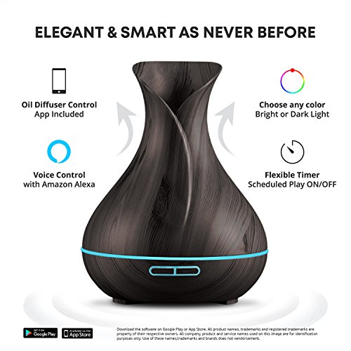Smart WiFi Wireless Essential Oil Aromatherapy 400ml Ultrasonic Diffuser & Humidifier with Alexa & Google Home Phone App & Voice Control - Create Schedules - LED & Timer Settings Dark Brown