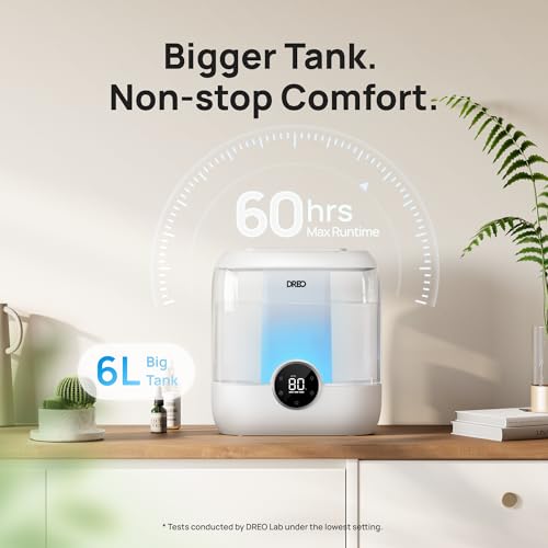 Dreo 6L Smart Humidifiers for Bedroom, Quiet Supersized Cool Mist Ultrasonic Humidifier with Diffuser, 60 Hour Runtime for Home, Nursery, Plant, White