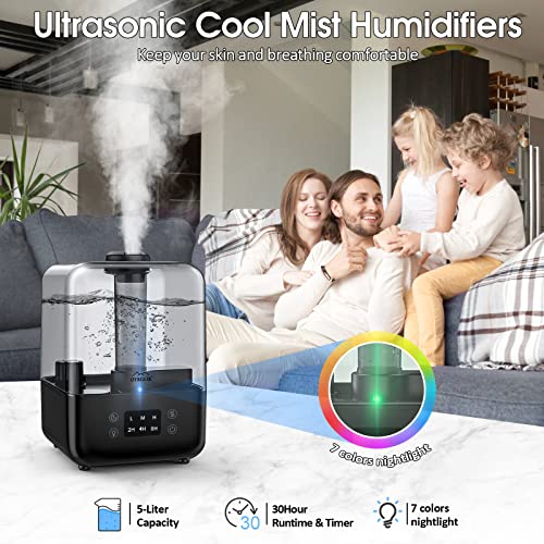Humidifiers for Bedroom, Ultrasonic 5L Top Fill Humidifiers for Large Room Baby Home with 360° Rotation Nozzle, 3 Mist Levels, Auto Shut-Off, Timer, Essential Oil Diffuser, 30H Work Time, Quiet Black
