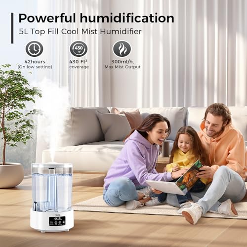 DIJEE Smart Humidifier for Large Room, for Bedroom, Quiet Cool Mist Ultrasonic Humidifier with Diffuser and Nightlight, 5L Big Capacity Top Fill Water Tank, for Home, Indoor, Nursery, Plant