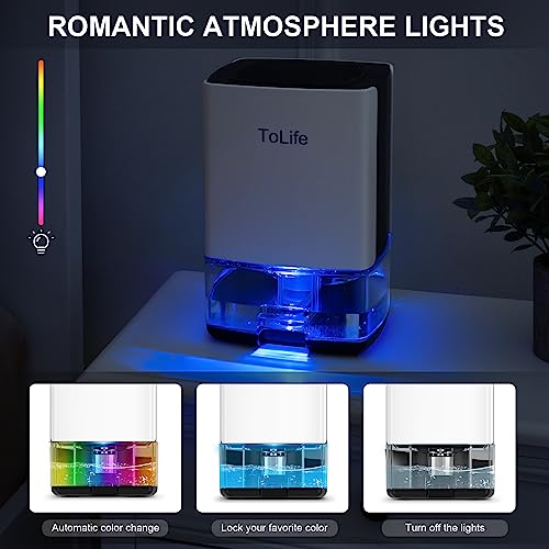 Dehumidifiers for Home 30 OZ Water Tank with Auto-Off, Portable Small ToLife Dehumidifier for Bedroom, Room, Bathroom,RV, Closet 500 sq.ft,7 Colors LED Light,White & Black