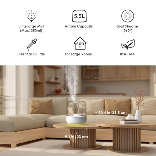 Airversa Humidifiers for Home Bedroom Large Room Smart Works with Apple Home over 𝗧𝗵𝗿𝗲𝗮𝗱 5.5L Cool Mist for Indoor Use App/Voice Control, Dazzling Lighting Effects (Clear, Humelle AH1)