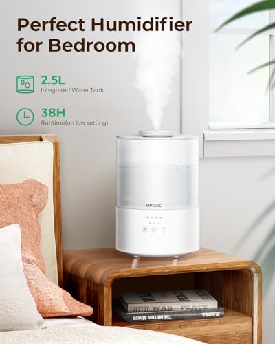 OPOWO Humidifiers for Bedroom Large Room, 2.5L Cool Mist Humidifiers for Baby Plants, Top Fill Air Humidifier for Home with Night Lights, Smart Wifi App Control, 38H Max Runtime, Timer, Sleep Mode