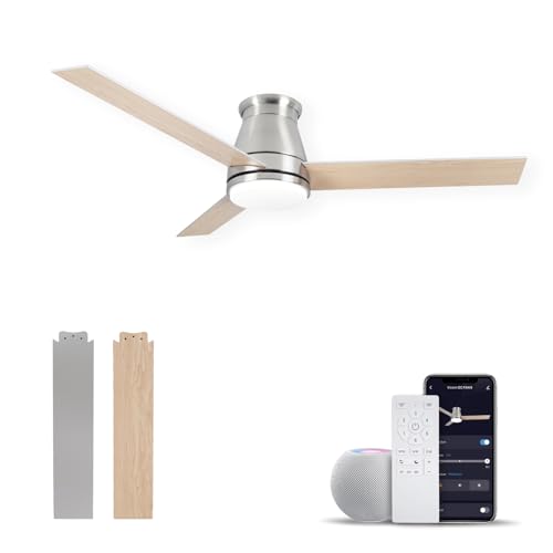 Viossn 52-Inch Flush Mount Ceiling Fan,Low Profile Ceiling Fan With Light,6-Speed With Remote/App,Smart Ceiling Fan,Dimmable. Modern Brushed Nickel Ceiling Fan For Patios,Bedroom,Living Room