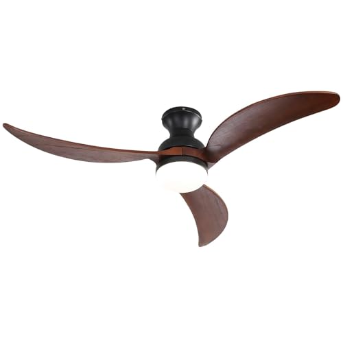 CACI Mall 52" Flush Mount Ceiling Fan with Lights Remote Control, Smart Wifi Low Profile Ceiling Fan 3 Solid Wood Blades, Noiseless Reversible DC Motor Dimmable LED 5182 CFM for Kitchen, Porch, Patio