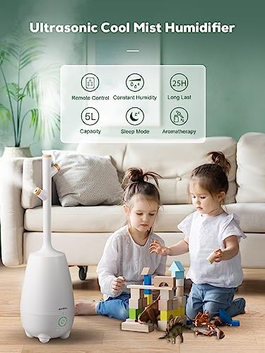 Aiheal Humidifiers for Bedroom Large Room Home, 5L Top Fill Cool Mist Ultrasonic Humidifier for Baby Plants, Smart Humidistat Mode, Essential Oil Diffuser, Sleep Mode, Auto Off and Ultra Quiet, White