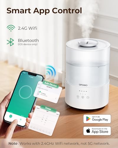 OPOWO Humidifiers for Bedroom Large Room, 2.5L Cool Mist Humidifiers for Baby Plants, Top Fill Air Humidifier for Home with Night Lights, Smart Wifi App Control, 38H Max Runtime, Timer, Sleep Mode