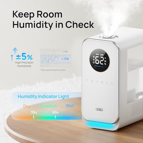 Dreo Humidifiers for Bedroom Home, Top-filled Smart Quiet Cool Mist Humidifiers for Large Room, Oil Diffuser & Nightlight, 50Hours Runtime for Indoor Plants, with Alexa/Google, White