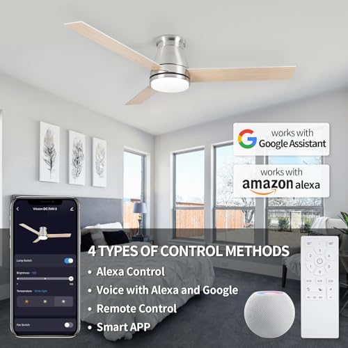 Viossn 52-Inch Flush Mount Ceiling Fan,Low Profile Ceiling Fan With Light,6-Speed With Remote/App,Smart Ceiling Fan,Dimmable. Modern Brushed Nickel Ceiling Fan For Patios,Bedroom,Living Room